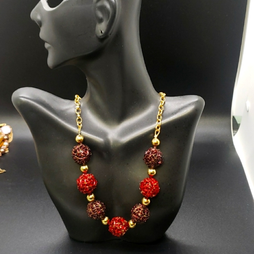 Talbots Gold and Red Beaded Necklace